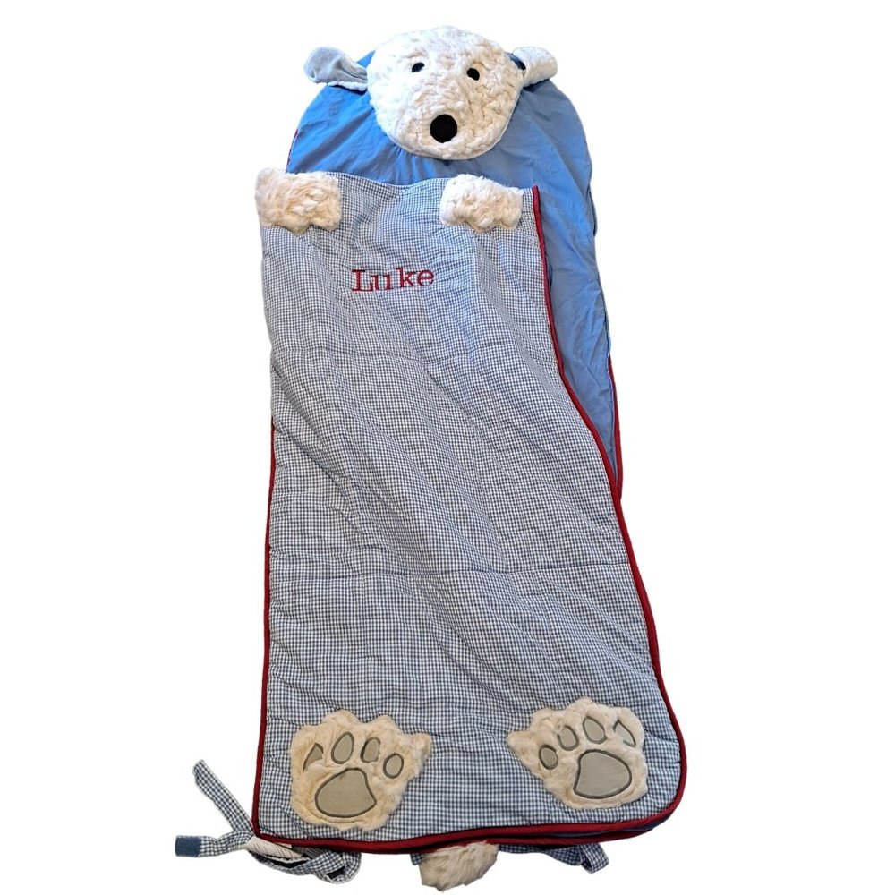 Pottery Barn Kids Shaggy Head Puppy Sleeping Bag Blue Gingham Cotton Monogramed
